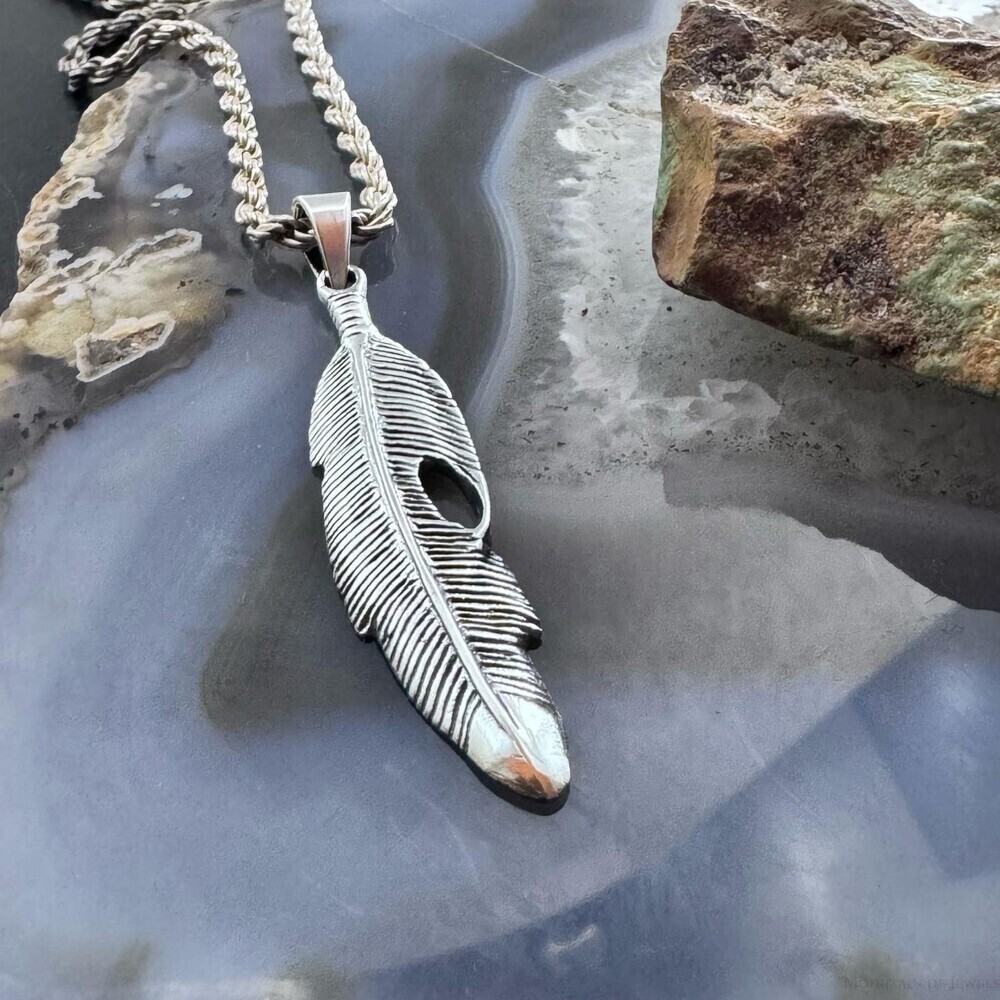 Sterling Silver Southwestern Style Feather Unisex Pendant - Picture 4 of 10